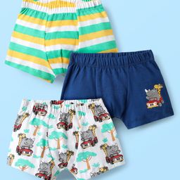 Babyhug 100% Cotton Single Jersey Knit Antibacterial Trunk With Stripes & Animal Print Pack Of 3 - Navy Blue Green & White-11