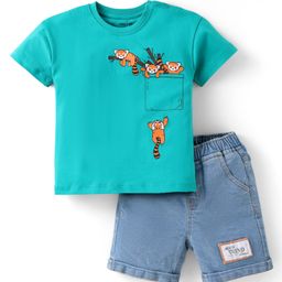 Mark & Mia Cotton Lycra Knit Half Sleeves T-Shirt & Denim Shorts Set with Animal Print & Patch Detailing - Light Blue & Turquoise-image-3