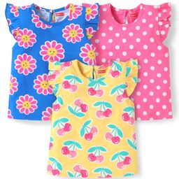 Babyhug Cotton Knit Frill Sleeves T-Shirts with Floral Berry & Polka Dots Print Pack of 3 - Blue Pink & Yellow-image-75