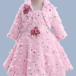 Enfance Fur Detailed Floral Applique Detailed Dress With Full Sleeves Jacket - Pink-image-8
