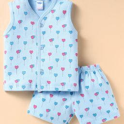 Tango Interlock Sleeveless Front Open Shorts Night Suit with Hearts Print - Light Blue-image-50