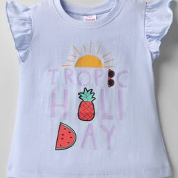 Tango Single Jersey Knit Frill Sleeves Top with Tropic Holiday Text Print - Light Blue-image-93