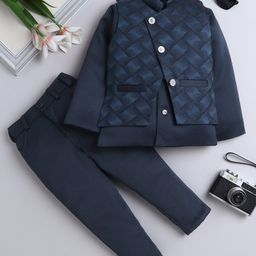 Fourfolds Full Sleeves Geometric Embroidered 3 Piece Part Suit Set - Navy Blue-image-80