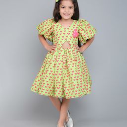 PinkChick Cotton Woven Half Balloon Sleeves Hearts Printed & Applique Detailed Cut Out Dress With Bow Clip Set - Green-picture-13