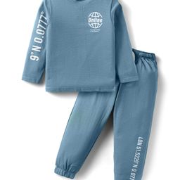 Smarty Boys Looper Knit Full Sleeves T-Shirt & Lounge Pant Set With Text Print - Royal Blue-image-28