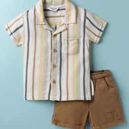 Smarty Boys Textile Knit Half Sleeves Striped Shirt & Shorts Set - Tan-image-31