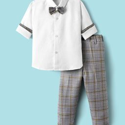 Rikidoos Full Sleeves Solid Shirt & Checked Pant With Bow Set - White & Black-image-12