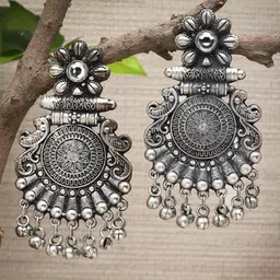 Moedbuille Silver-Plated Artificial Stones Studded Floral Shaped Oxidised Drop Earrings-13