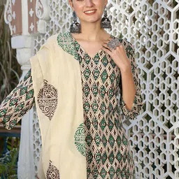 Taavi Ethnic Motifs Printed V-Neck Pure Cotton Straight Kurta & Trouser With Dupatta-picture-37