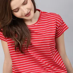 HERE&NOW Women Red & White Striped Round Neck T-shirt-image-46