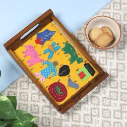 VarEesha Hand Made Teak Wood Applique Work Serving Tray with Glass Top - Set of 1-11