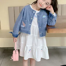 LULU & SKY Girls Embroidered Round Neck Cotton Fit and Flare Dress With Denim Jacket-48