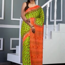 Unnati Silks Green & Orange Cotton Hand Block Print Saree with Unstitched Blouse-image-86