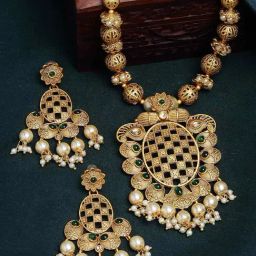 Panash Gold Plated Green Stone Studded & White Pearl Beaded Jewellery Set-10