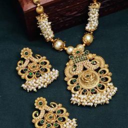 Panash Gold Plated Green Stone Studded & Beaded Jewellery Set-17