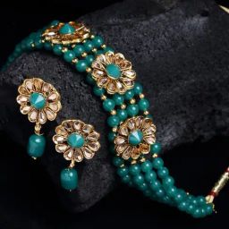 Panash Gold Plated & Green Stone Studded & Beaded Handcrafted Jewellery Set-24
