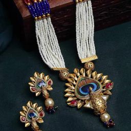 Panash Gold Plated White & Red Stone Studded & Pearl Beaded Jewellery Set-2