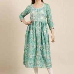 SHOWOFF Turquoise Floral Print Anarkali Kurta-picture-3