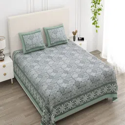 CHICERY Grey & Green Ethnic Motifs 210 TC King Bedsheet with 2 Pillow Covers-picture-12