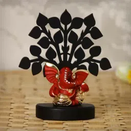 Gold Plated Orange Mini Kaan Ganesha Showpiece with Wooden Tree for Home/Temple/Office/Car Dashboard-image-96