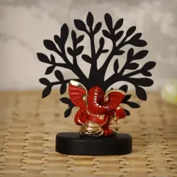 Gold Plated Orange Mini Kaan Ganesha Showpiece with Wooden Tree for Home/Temple/Office/Car Dashboard-30