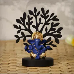 Gold Plated Blue Mukut Ganesha Showpiece with Wooden Tree for Home/Temple/Office/Car Dashboard-47