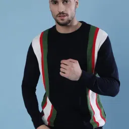 Campus Sutra Navy Round Neck Striped Sweater-15