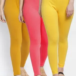Gracit Yellow & Peach Mid Rise Leggings - Pack Of 3-image-78