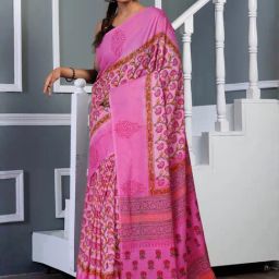 Unnati Silks Pink Cotton Hand Block Print Saree with Unstitched Blouse-image-81