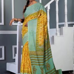 Unnati Silks Yellow & Green Cotton Hand Block Print Saree with Unstitched Blouse-image-85