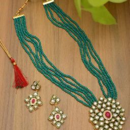 Zaveri Pearls Crystal Shine Multistrand Green Beads Ethnic Kundan Necklace & Earring Set-ZPFK9786-19