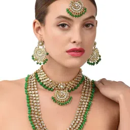 Zaveri Pearls Green Beads Bridal Kundan Choker & Long Necklace, Earring & Maangtikka Set-ZPFK9793-image-42
