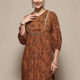 Biba Brown Cotton Printed A Line Kurti-picture-3