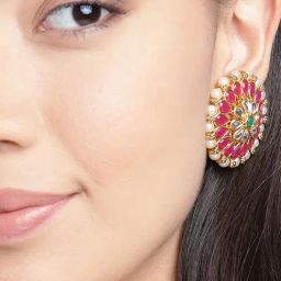 Zaveri Pearls Pink & Green Stones & Pearls Flower Traditional Stud Earrings-ZPFK9543-18