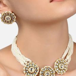 Zaveri Pearls Gold Tone Kundan & Pearls Flowers Choker Necklace & earring Set-ZPFK9814-43