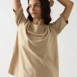 FEMMELLA Beige Relaxed Fit Solid T-Shirt-image-2