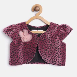 MANY FROCKS & Girls Magenta & Black Self-Design Velvet Finish Crop Button Shrug-image-73