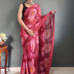 Satrani Pink Printed Saree With Unstitched Blouse-image-59