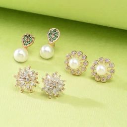 Zaveri Pearls Green Combo of 3 Cubic Zirconia Diamonds & Pearls Contemporary Stud Earrings-ZPFK9746-43
