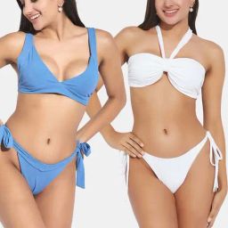 Secrets By ZeroKaata Blue & White Plain Swimwear Bikini-image-80