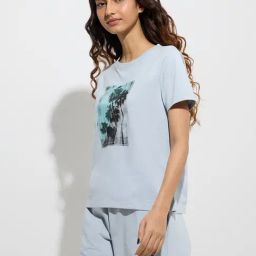 Studiofit by Westside Dusty Blue Printed Cotton T-Shirt-image-56