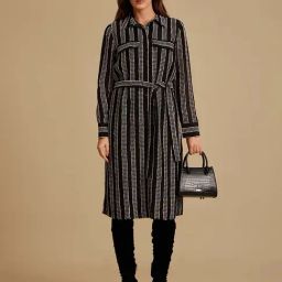 Kazo Black Textured Shirt Dress With Belt-image-48