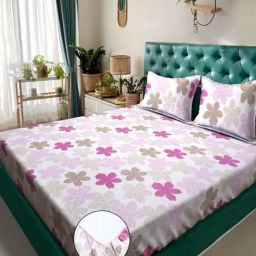 Klotthe White & Pink 300 TC Polycotton Double Elastic Bedsheet with 2 Pillow Covers-10