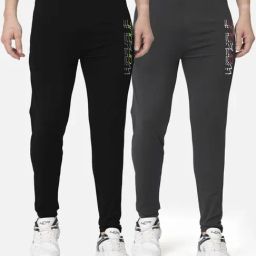 Bullmer Black & Dark Grey Cotton Slim Fit Printed Sports Trackpants- Pack Of 2-image-87