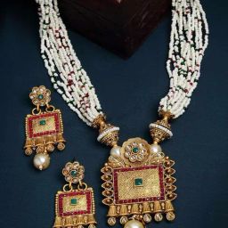 Panash Gold Plated White & Green Stone Studded & Pearl Beaded Jewellery Set-5