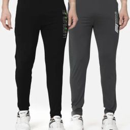 Bullmer Black & Dark Grey Cotton Slim Fit Printed Sports Trackpants- Pack Of 2-image-38