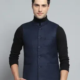 Monte Carlo Mens Solid Blue Band Neck Sleeveless Waist Coat-picture-9