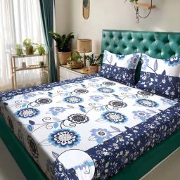 Klotthe White & Blue 300 TC Polycotton Double Elastic Bedsheet with 2 Pillow Covers-image-33