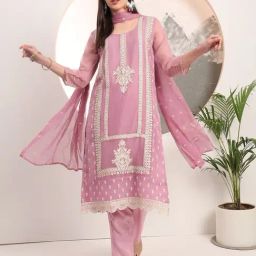 Yufta Lavender Straight Fit Embroidered Kurta Trouser Set With Dupatta-image-3