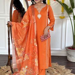 KALINI Paisley Embroidered Sequinned Straight Kurta with Trouser & Dupatta-picture-13